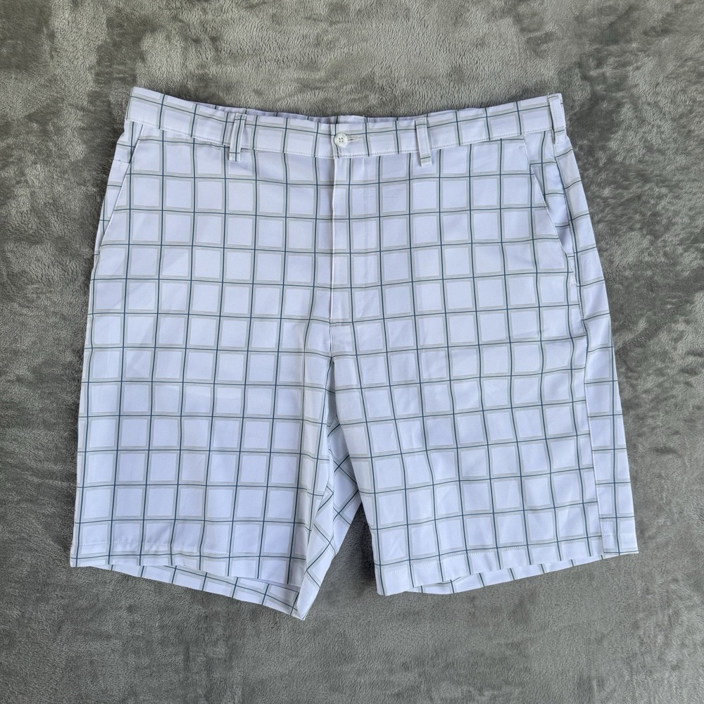 PGA Tour Shorts Men 40 White Plaid Chino Flat Front Golf 9" inseam